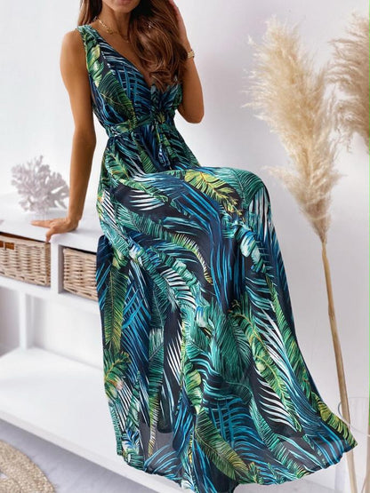 V Neck Printed Tie Maxi Dress - Maxi Dresses - INS | Online Fashion Free Shipping Clothing, Dresses, Tops, Shoes - 15/06/2021 - Color_Black - Color_Blue