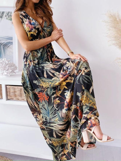 V Neck Printed Tie Maxi Dress - Maxi Dresses - INS | Online Fashion Free Shipping Clothing, Dresses, Tops, Shoes - 15/06/2021 - Color_Black - Color_Blue