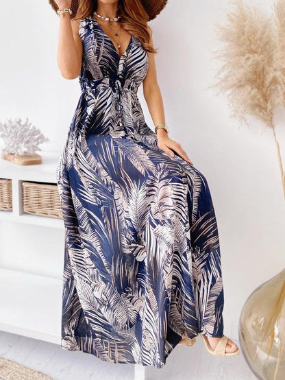 V Neck Printed Tie Maxi Dress - Maxi Dresses - INS | Online Fashion Free Shipping Clothing, Dresses, Tops, Shoes - 15/06/2021 - Color_Black - Color_Blue