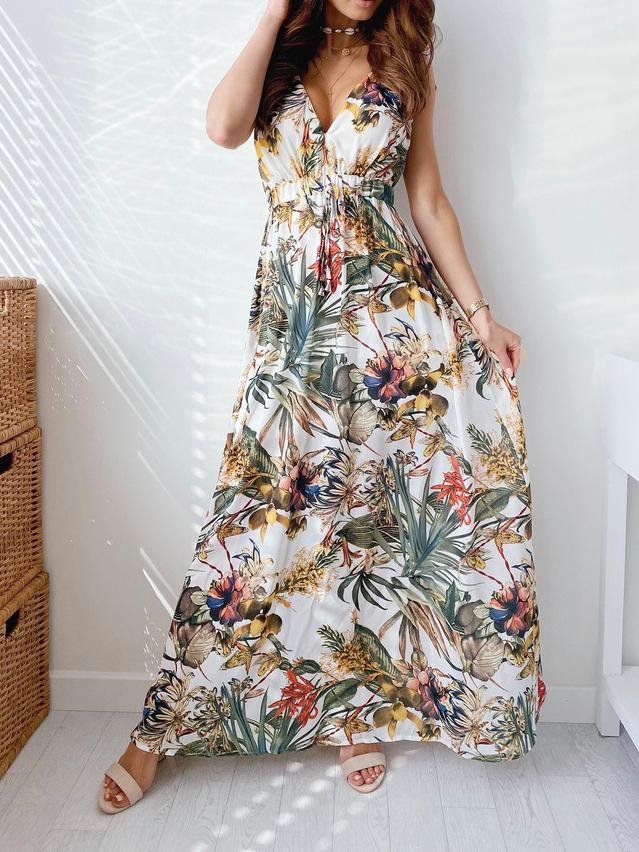 V Neck Printed Tie Maxi Dress - Maxi Dresses - INS | Online Fashion Free Shipping Clothing, Dresses, Tops, Shoes - 15/06/2021 - Color_Black - Color_Blue