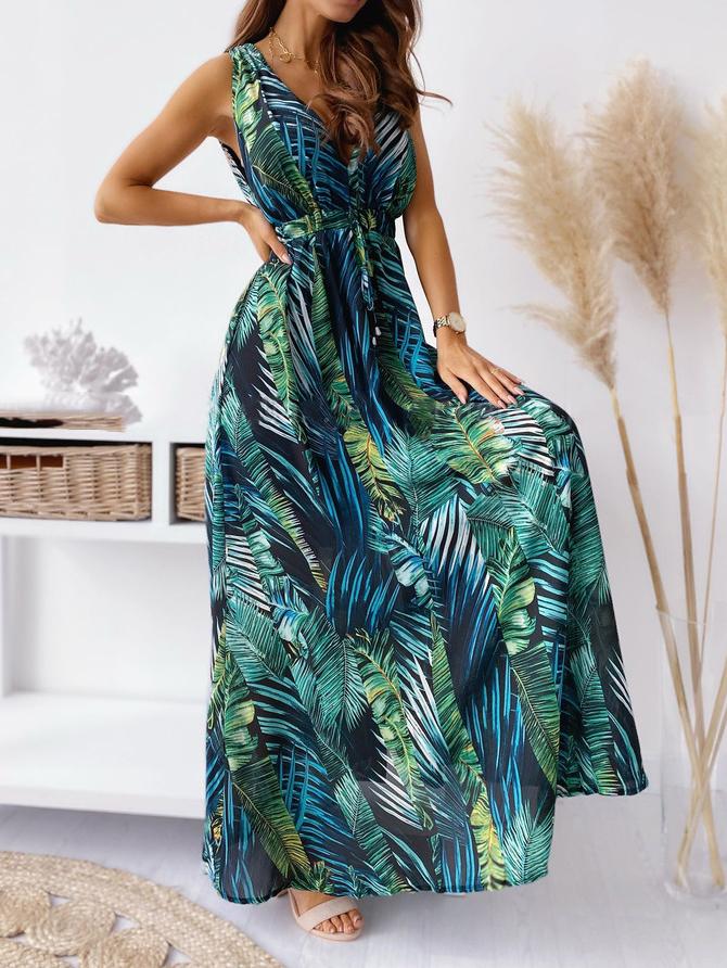 V Neck Printed Tie Maxi Dress - Maxi Dresses - INS | Online Fashion Free Shipping Clothing, Dresses, Tops, Shoes - 15/06/2021 - Color_Black - Color_Blue