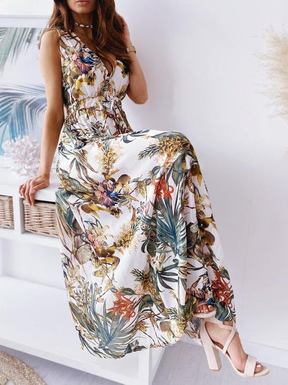 V Neck Printed Tie Maxi Dress - Maxi Dresses - INS | Online Fashion Free Shipping Clothing, Dresses, Tops, Shoes - 15/06/2021 - Color_Black - Color_Blue