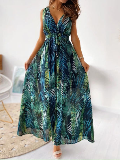 V Neck Printed Tie Maxi Dress - Maxi Dresses - INS | Online Fashion Free Shipping Clothing, Dresses, Tops, Shoes - 15/06/2021 - Color_Black - Color_Blue