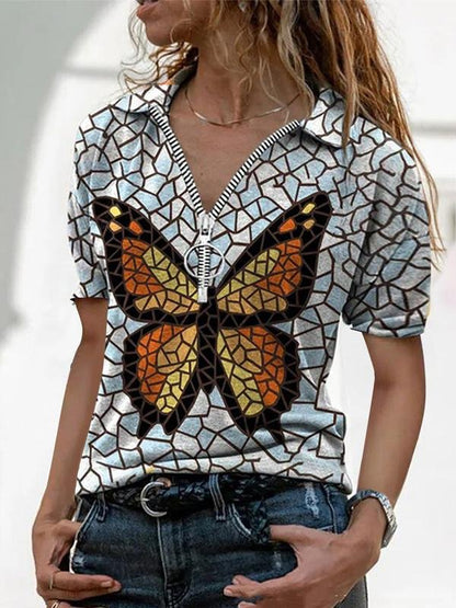 V-Neck Printed Zipper Short Sleeve T-Shirt - T-Shirts - INS | Online Fashion Free Shipping Clothing, Dresses, Tops, Shoes - 06/07/2021 - 20-30 - Category_T-Shirts