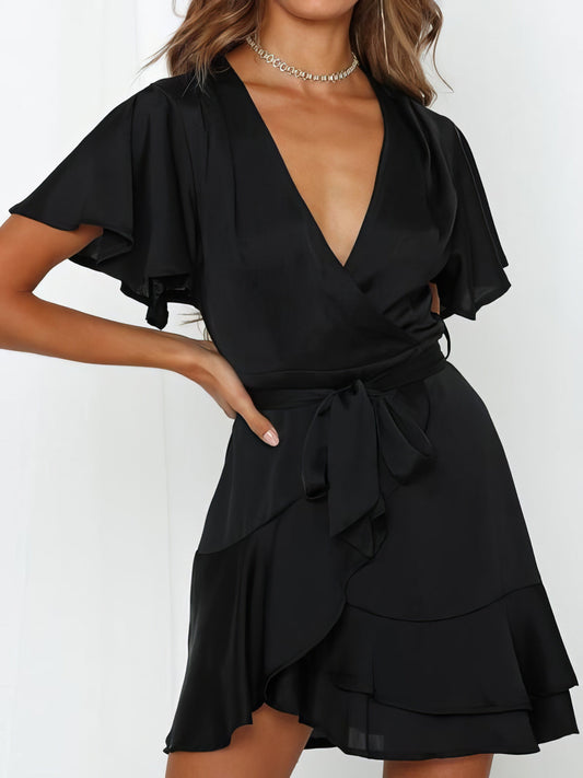 Mini Dresses V-neck Ruffled Belt Wrap Mini Dress MsDressly