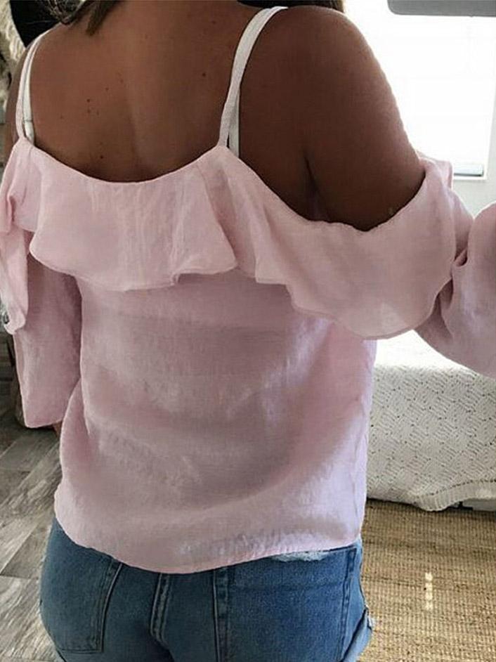 V-Neck Ruffled Off The Shoulder Casual T-Shirt - T-Shirts - INS | Online Fashion Free Shipping Clothing, Dresses, Tops, Shoes - 10-20 - 27/07/2021 - Category_T-Shirts
