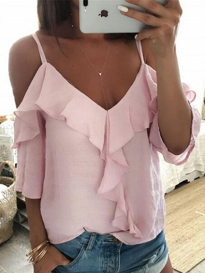 V-Neck Ruffled Off The Shoulder Casual T-Shirt - T-Shirts - INS | Online Fashion Free Shipping Clothing, Dresses, Tops, Shoes - 10-20 - 27/07/2021 - Category_T-Shirts