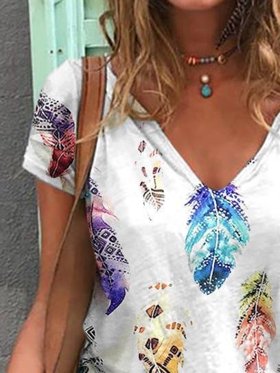 V-Neck Short Sleeve Feather Print Casual T-Shirt - T-Shirts - INS | Online Fashion Free Shipping Clothing, Dresses, Tops, Shoes - 05/07/2021 - 10-20 - Category_T-Shirts