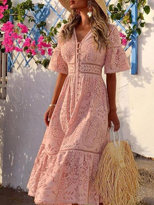 V-neck Short Sleeve Hollow Lace Dress - Midi Dresses - INS | Online Fashion Free Shipping Clothing, Dresses, Tops, Shoes - 23/06/2021 - color-blue - color-light-white