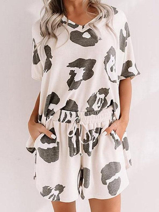 V-Neck Short Sleeve Leopard Print Loungewear Two-Piece Suit - Loungewear - INS | Online Fashion Free Shipping Clothing, Dresses, Tops, Shoes - 14/07/2021 - 20-30 - Category_Loungewear