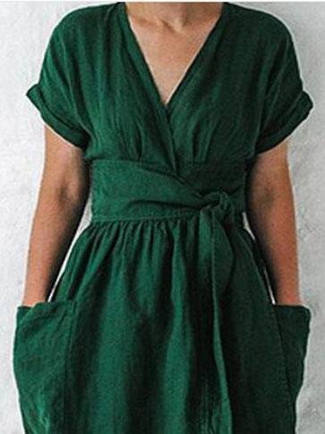 V-neck Short Sleeve Pocket Solid Color Dress - Midi Dresses - INS | Online Fashion Free Shipping Clothing, Dresses, Tops, Shoes - 07/06/2021 - Color_Green - Color_Pink