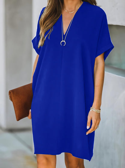 V-neck Short Sleeve Solid Color Loose Dress