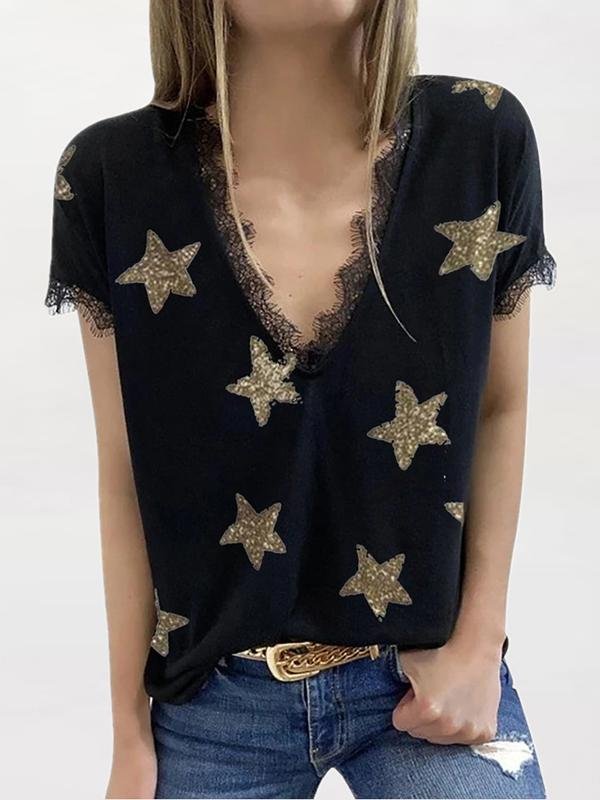 V-neck Short-sleeved Star Print Lace T-shirt - T-Shirts - INS | Online Fashion Free Shipping Clothing, Dresses, Tops, Shoes - 05/18/2021 - Category_T-Shirts - Color_Black