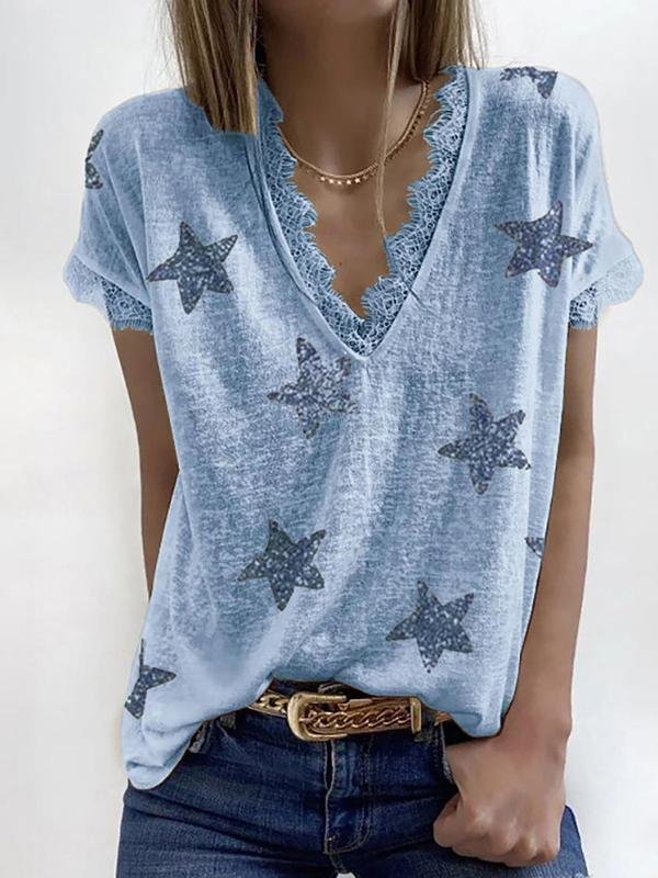 V-neck Short-sleeved Star Print Lace T-shirt - T-Shirts - INS | Online Fashion Free Shipping Clothing, Dresses, Tops, Shoes - 05/18/2021 - Category_T-Shirts - Color_Black