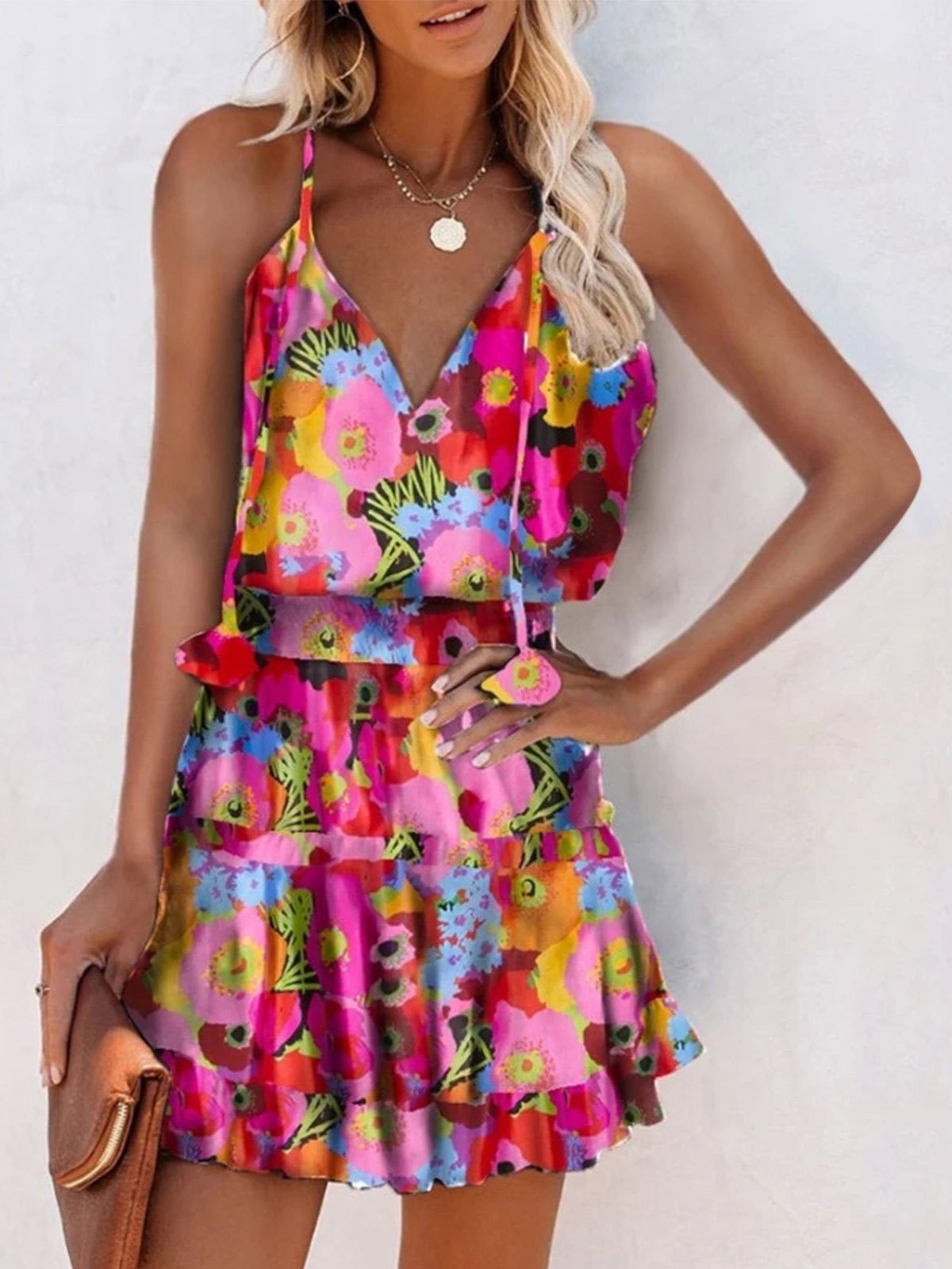 V-Neck Sleeveless Floral Print Suspender Dress - Mini Dresses - INS | Online Fashion Free Shipping Clothing, Dresses, Tops, Shoes - 20-30 - 22/07/2021 - Category_Mini Dresses