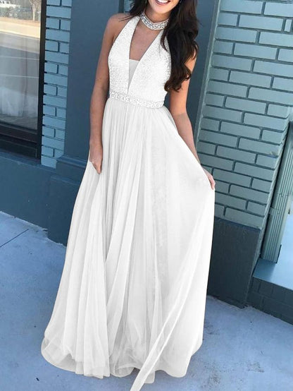 V-neck Sleeveless Halterneck Fashion Dress - Maxi Dresses - INS | Online Fashion Free Shipping Clothing, Dresses, Tops, Shoes - 08/07/2021 - 30-40 - color-white