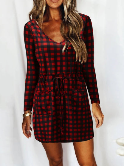 V-Neck Slot Pocket Lace-Up Long Sleeve Casual Dress - Mini Dresses - INS | Online Fashion Free Shipping Clothing, Dresses, Tops, Shoes - 06/07/2021 - 20-30 - Category_Mini Dresses