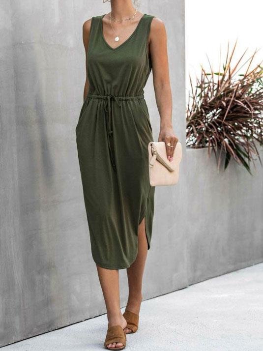 V-neck Solid Color Irregular Waist Round Neck Vest Dress - Midi Dresses - INS | Online Fashion Free Shipping Clothing, Dresses, Tops, Shoes - 01/06/2021 - Category_Midi Dresses - Color_Gray