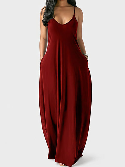 Maxi Dresses - V-neck Solid Pocket Casual Sling Dress - MsDressly
