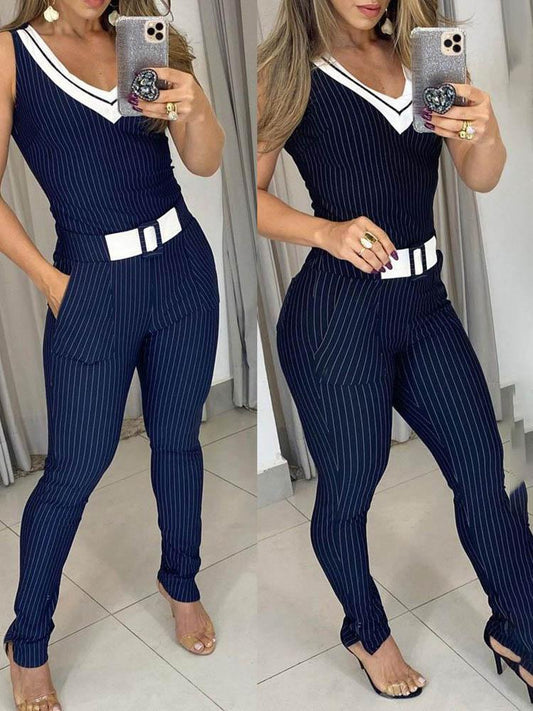 V-Neck Striped Print Sleeveless Jumpsuit - Jumpsuits & Rompers - INS | Online Fashion Free Shipping Clothing, Dresses, Tops, Shoes - 30/04/2021 - Color_Blue - JUM210430066