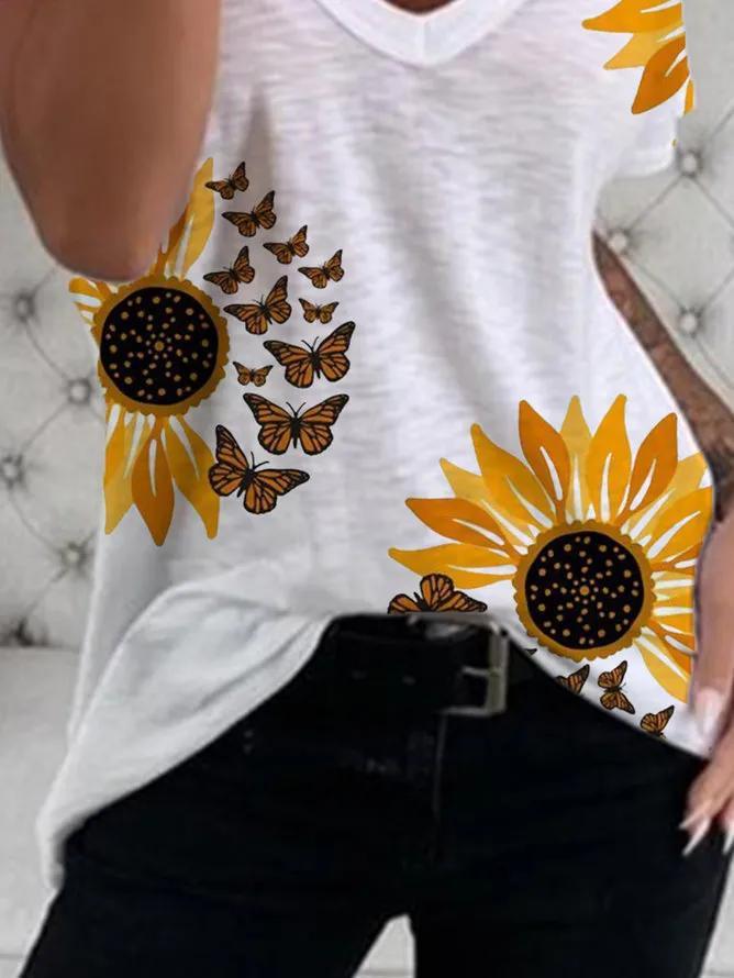 V-Neck Sunflower Print Short Sleeve T-Shirt - T-Shirts - INS | Online Fashion Free Shipping Clothing, Dresses, Tops, Shoes - 10-20 - 19/06/2021 - color-gray