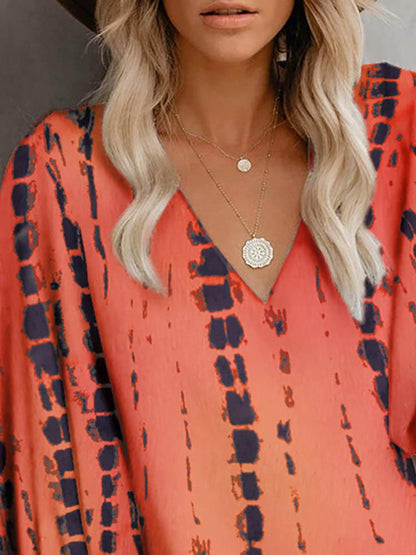 V-Neck Tie Dye Print Lantern Sleeve Top - Blouses - INS | Online Fashion Free Shipping Clothing, Dresses, Tops, Shoes - 30/04/2021 - BLO210430025 - Blouses