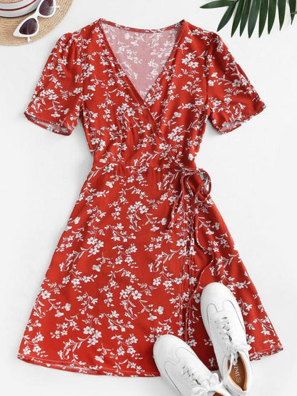 V Neck Tiny Floral Wrap Dress - INS | Online Fashion Free Shipping Clothing, Dresses, Tops, Shoes