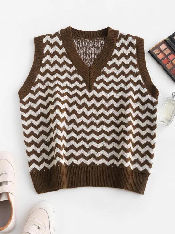 V Neck Zig Zag Graphic Sweater Vest - INS | Online Fashion Free Shipping Clothing, Dresses, Tops, Shoes