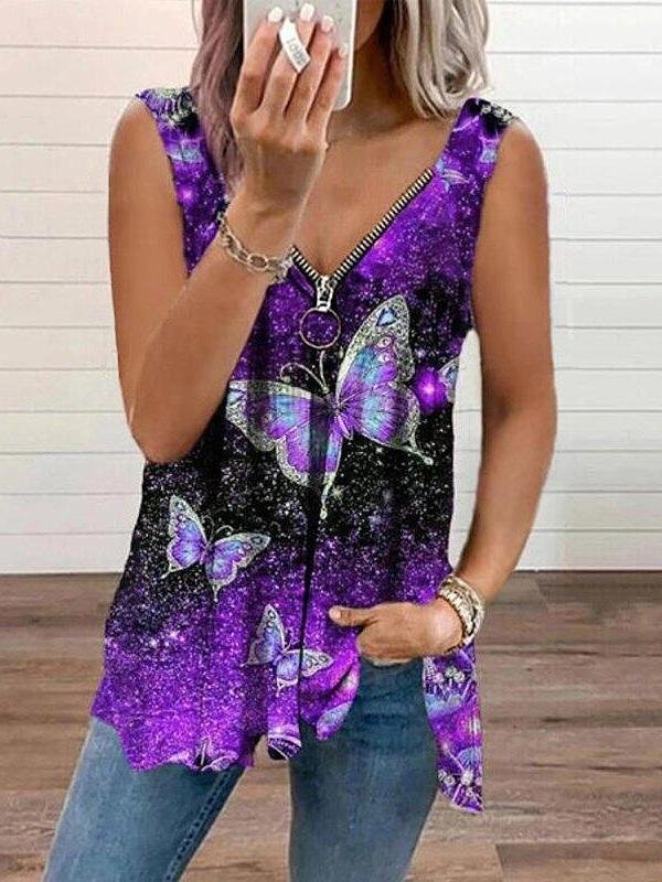 V-neck Zipper Butterfly Print Loose Tank Top - MsDressly