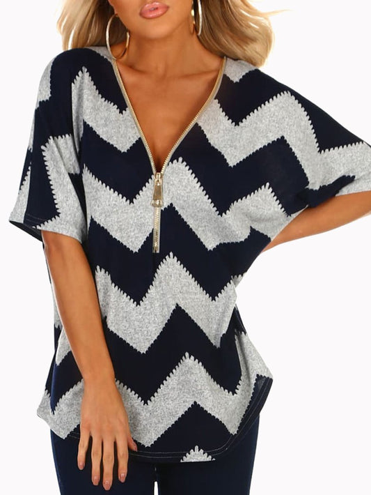 V-neck Zipper Chevron Print T-shirts - MsDressly