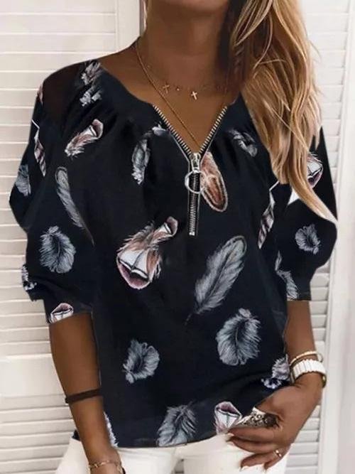 V-Neck Zipper Feather Print Long Sleeves Blouses - Blouses - INS | Online Fashion Free Shipping Clothing, Dresses, Tops, Shoes - 20-30 - 20/07/2021 - BLO2107201215