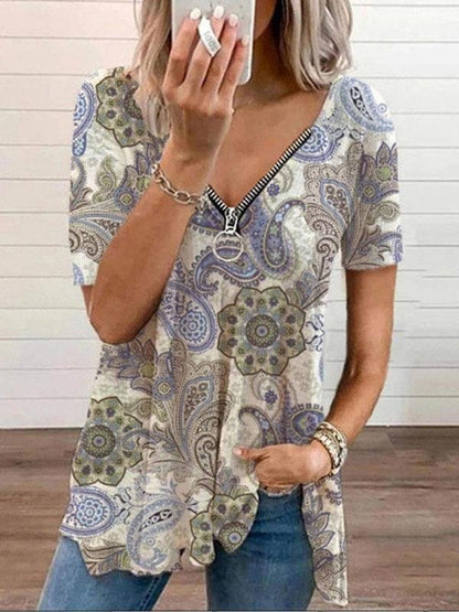 V-neck Zipper Pullover Print Short-sleeved Loose Top - T-shirts - INS | Online Fashion Free Shipping Clothing, Dresses, Tops, Shoes - 08/06/2021 - Color_Black - Color_Blue