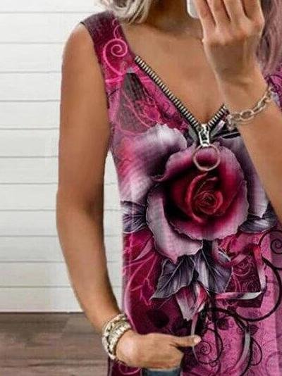 V-neck Zipper Rose Flower Print Casual Vest - Tank Tops - INS | Online Fashion Free Shipping Clothing, Dresses, Tops, Shoes - 09/06/2021 - Color_Blue - Color_Khaki