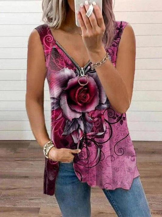 V-neck Zipper Rose Flower Print Casual Vest - Tank Tops - INS | Online Fashion Free Shipping Clothing, Dresses, Tops, Shoes - 09/06/2021 - Color_Blue - Color_Khaki