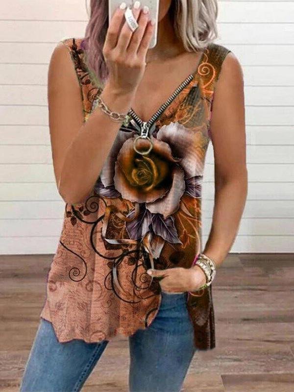 V-neck Zipper Rose Flower Print Casual Vest - Tank Tops - INS | Online Fashion Free Shipping Clothing, Dresses, Tops, Shoes - 09/06/2021 - Color_Blue - Color_Khaki