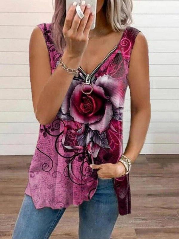 V-neck Zipper Rose Flower Print Casual Vest - Tank Tops - INS | Online Fashion Free Shipping Clothing, Dresses, Tops, Shoes - 09/06/2021 - Color_Blue - Color_Khaki