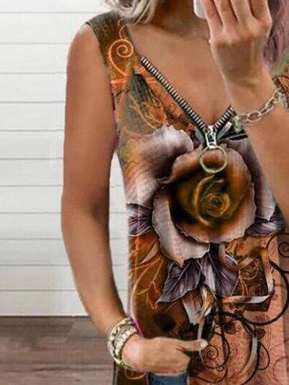 V-neck Zipper Rose Flower Print Casual Vest - Tank Tops - INS | Online Fashion Free Shipping Clothing, Dresses, Tops, Shoes - 09/06/2021 - Color_Blue - Color_Khaki