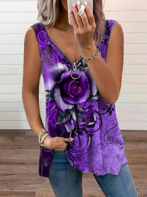 V-neck Zipper Rose Flower Print Casual Vest - Tank Tops - INS | Online Fashion Free Shipping Clothing, Dresses, Tops, Shoes - 09/06/2021 - Color_Blue - Color_Khaki