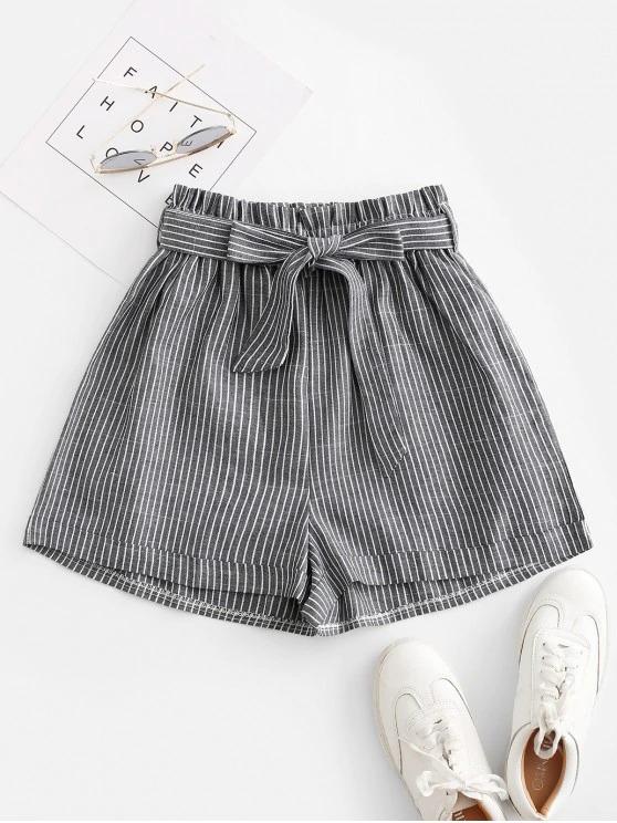 Vertical Striped Cuffed Paperbag Shorts - INS | Online Fashion Free Shipping Clothing, Dresses, Tops, Shoes