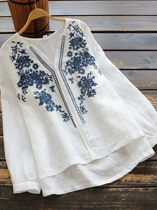 Vintage Embroidery Flowers V Neck Flax Shirts - Blouses - INS | Online Fashion Free Shipping Clothing, Dresses, Tops, Shoes - 06//04/2021 - Autumn - Blouses