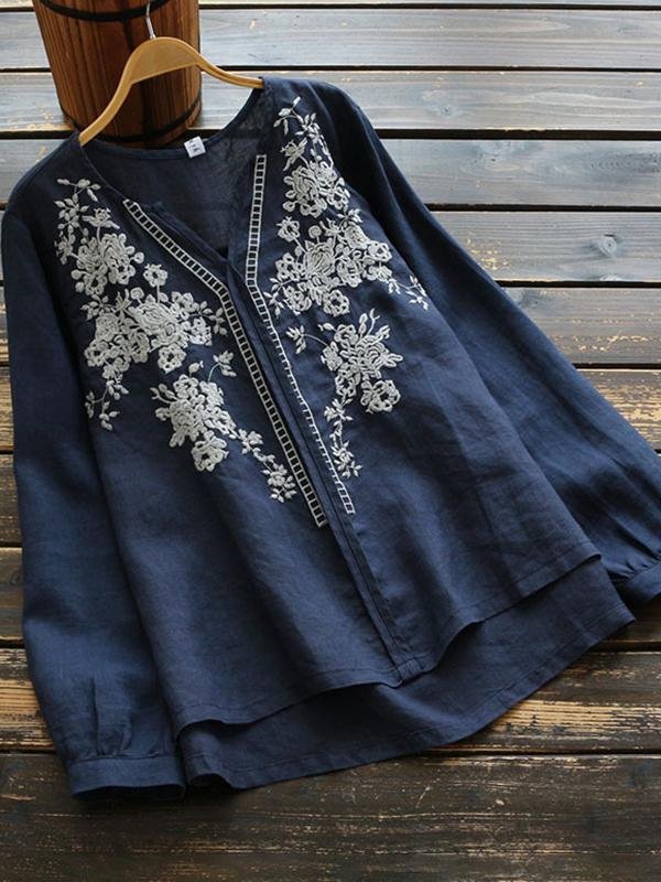 Vintage Embroidery Flowers V Neck Flax Shirts - Blouses - INS | Online Fashion Free Shipping Clothing, Dresses, Tops, Shoes - 06//04/2021 - Autumn - Blouses