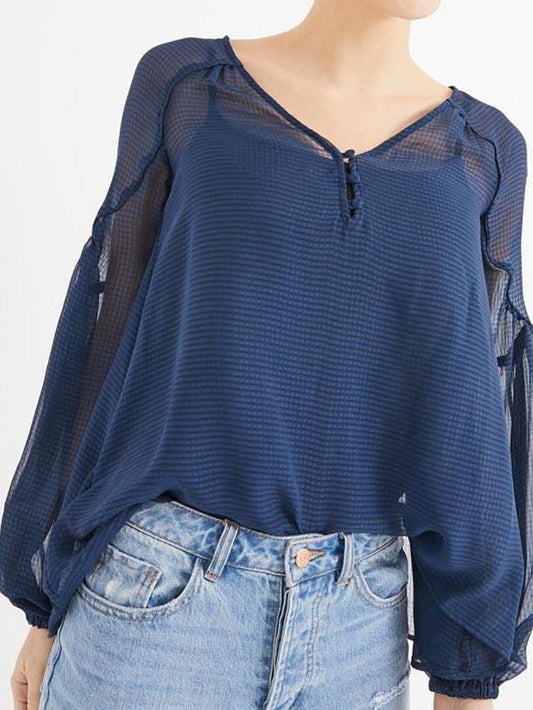 Waffle Lattice Long Sleeve See-Through Chiffon Blouse - Blouses - INS | Online Fashion Free Shipping Clothing, Dresses, Tops, Shoes - 14/04/2021 - Blouses - Color_Blue