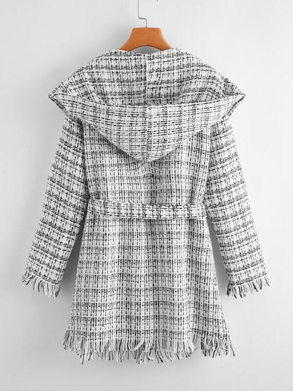 Waterfall Collar Self Belted Raw Trim Tweed Hooded Coat - INS | Online Fashion Free Shipping Clothing, Dresses, Tops, Shoes