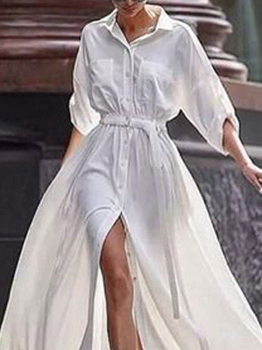 White Chiffon Shirt Dress With Big Slit - Maxi Dresses - INS | Online Fashion Free Shipping Clothing, Dresses, Tops, Shoes - 20/07/2021 - 40-50 - color-white