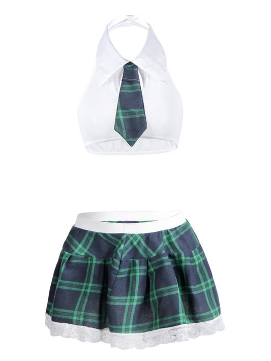 White Halter Tank Tops & Plaid Skirt Lingerie Set - Lingerie - INS | Online Fashion Free Shipping Clothing, Dresses, Tops, Shoes - 07/06/2021 - Color_Green - LIN210318187
