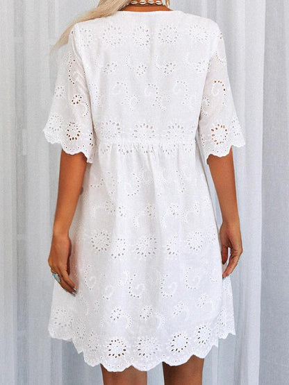 White Lace Hollow V-neck Short-sleeved Dress - Mini Dresses - INS | Online Fashion Free Shipping Clothing, Dresses, Tops, Shoes - 02/07/2021 - 30-40 - color-white