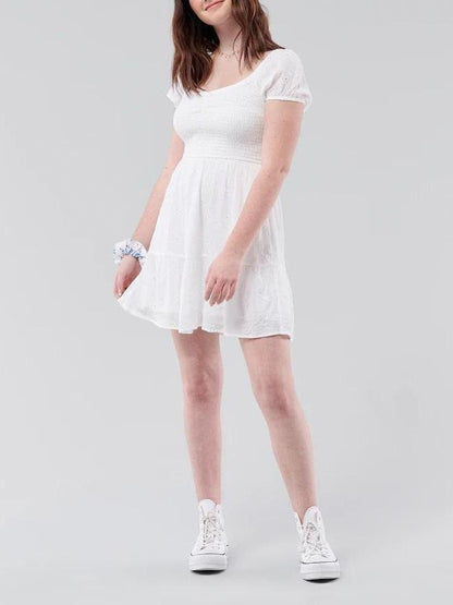 White Puff-sleeve Tiered Mini Dress - Mini Dresses - INS | Online Fashion Free Shipping Clothing, Dresses, Tops, Shoes - 19/04/2021 - Category_Mini Dresses - Color_White