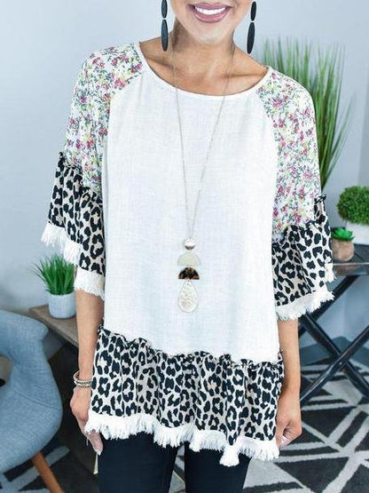 White round neck floral casual leopard print T-shirt - INS | Online Fashion Free Shipping Clothing, Dresses, Tops, Shoes