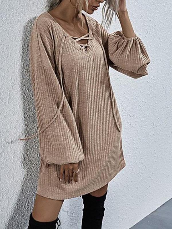 Wide Ribbed Lace-up Lantern Sleeve Knit Dress - Dresses - INS | Online Fashion Free Shipping Clothing, Dresses, Tops, Shoes - 02/08/2021 - Color_Khaki - Dresses