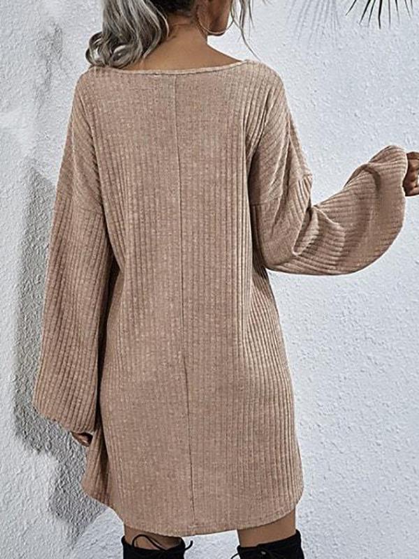 Wide Ribbed Lace-up Lantern Sleeve Knit Dress - Dresses - INS | Online Fashion Free Shipping Clothing, Dresses, Tops, Shoes - 02/08/2021 - Color_Khaki - Dresses